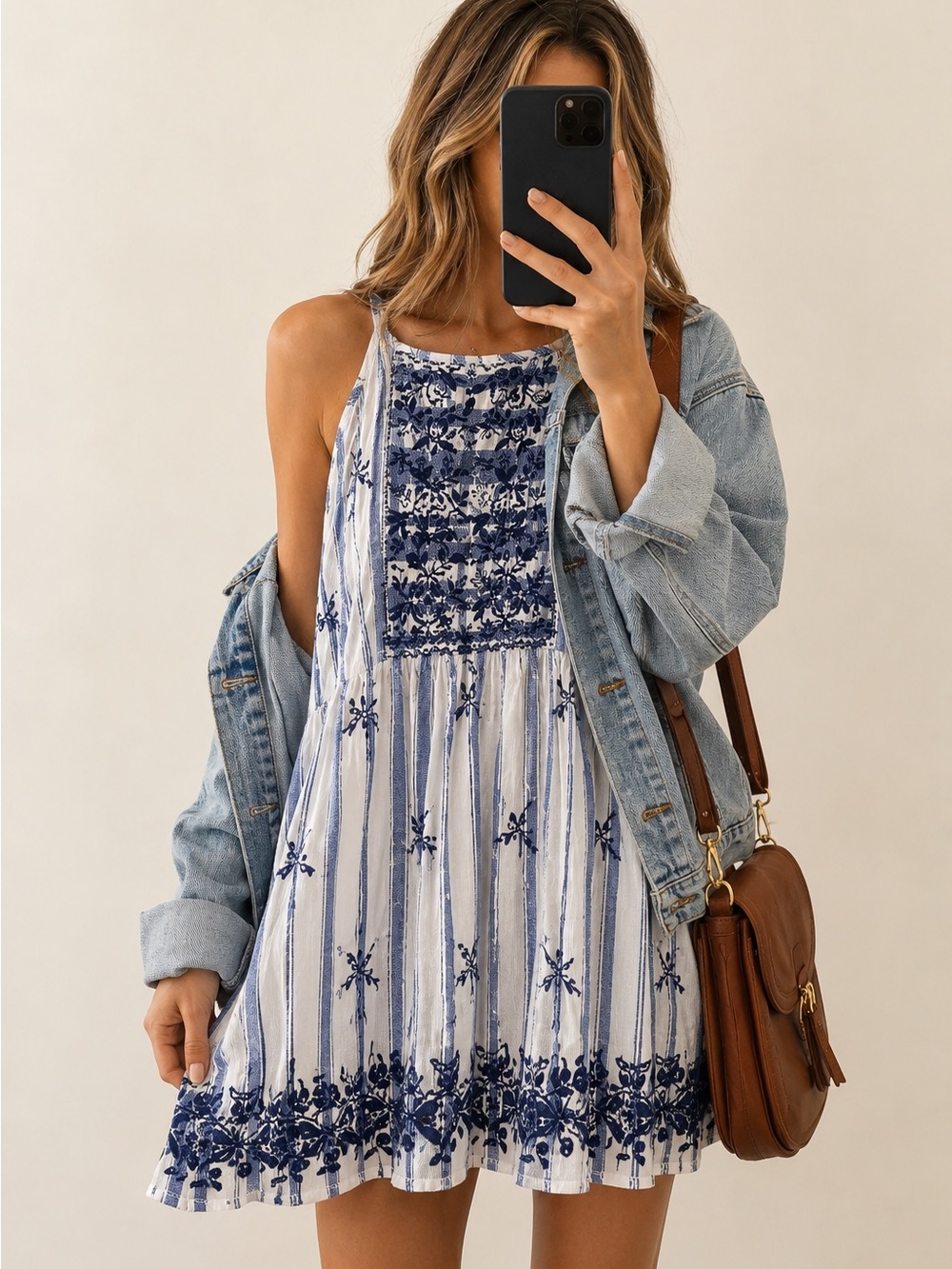 Mi Ami Blue White Embroidered Cotton Sundress Small Floral Boho